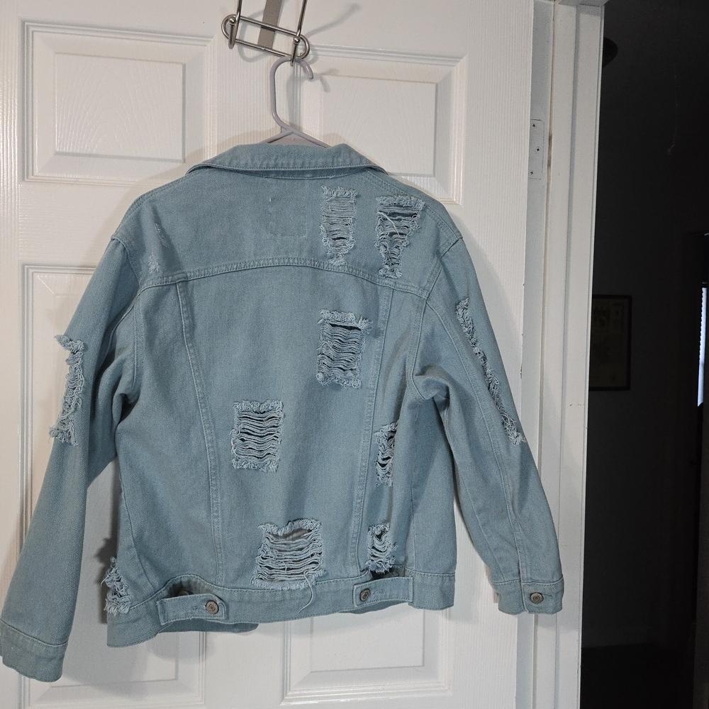 Iris Jeans Distressed Denim Jacket in Teal - Picture 11 of 13